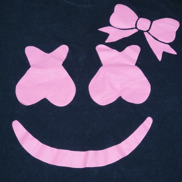 Gildan Black Tee Pink Marshmello Smile w/ Bow - Size Large - Picture 2 of 5